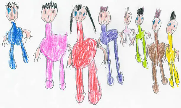 Drawing of a happy large family - mother and father with their 6 children. This is a real drawing made by our son, when he was 7 years old.