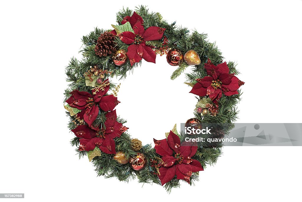 Coroa de Decoração de Natal com enfeites, em branco, com espaço para texto - Foto de stock de Natal royalty-free