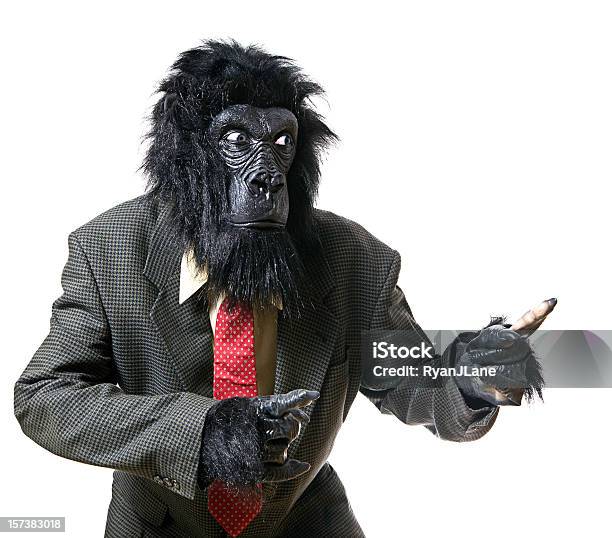 Ritratto Di Uomo Daffari Seri Contrariato Gorilla - Fotografie stock e altre immagini di Costume da scimmia - Costume da scimmia, Direttore delle vendite, Abbigliamento elegante