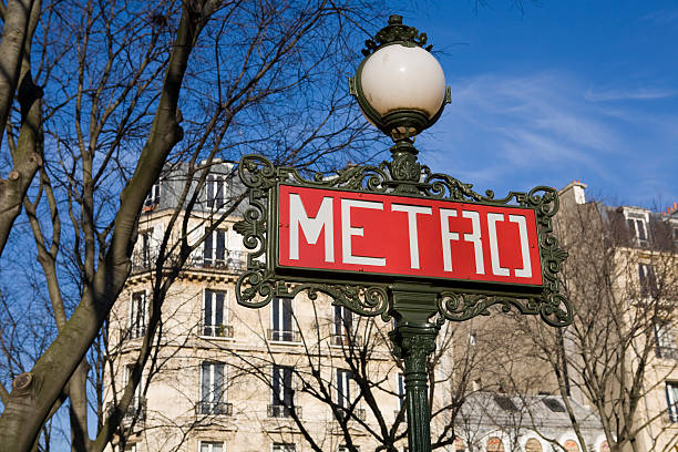 Paris Metro Underground Subway Sign and Apartment Building  paris metro sign stock pictures, royalty-free photos & images