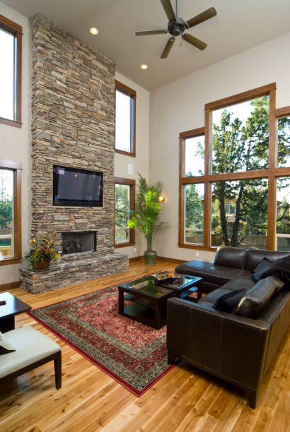 istock Living room with fire place and brick wall 157383449