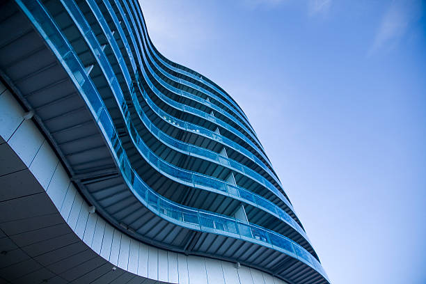 Upward view of modern glass office buildings and blue sky