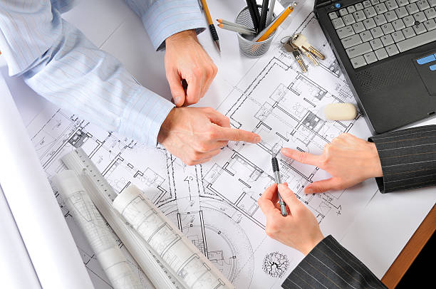 istock House project, Architect, Developer, Client, new investments, blueprints, directly above 157383976