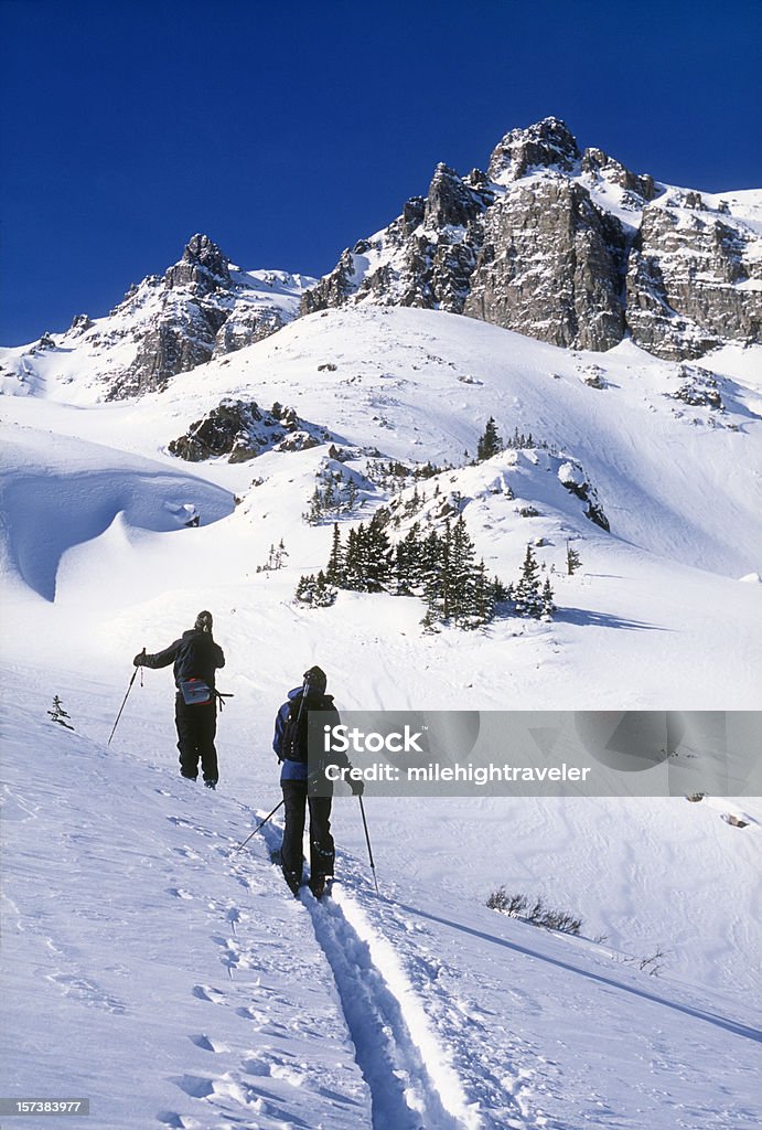 Colorado backcountry skiing pair Elk Mountain winter Telemark skiing above the Tagert Hut and timberline in the Pearl Basin, in the Elk Mountains between the towns of Crested Butte and Aspen. Back Country Skiing Stock Photo