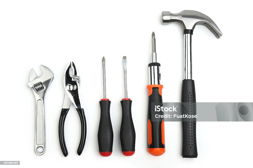Various hand tools with a white background  Construction material  Screwdriver Stock Photo