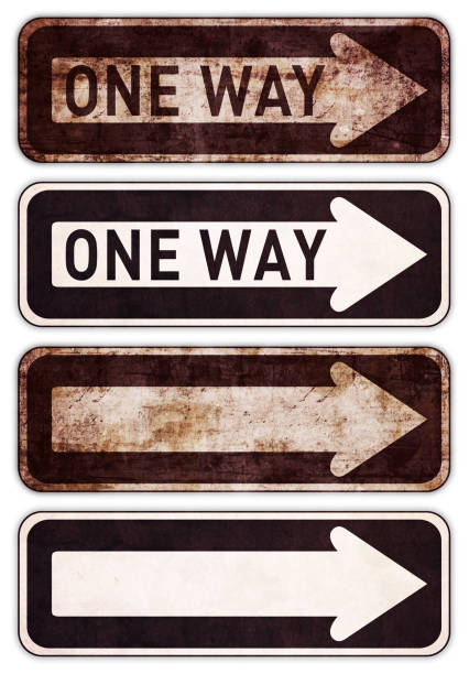 One Way Sign Dirty "One Way" signs with clipping paths. (no:1) one way stock pictures, royalty-free photos & images