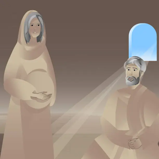 Vector illustration of Birth of John foretold. Zechariah and Elizabeth. Elizabeth is pregnant.