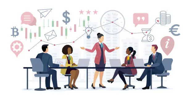 Vector illustration of Businesswoman leader. Multi-ethnic Group of Business people working together. Company employees plan tasks and brainstorming.