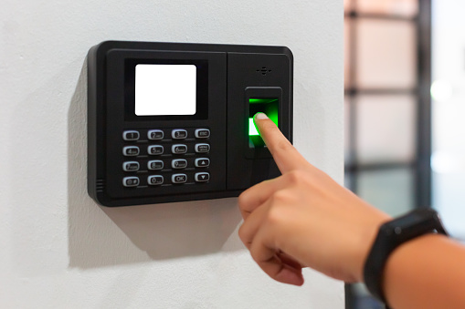 Scan your finger to work or open door to enter office with white display. Thumbprint  password security system. Key information verification privacy from thumbprint.