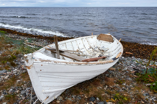 Fishing boat on the shores of the White Sea, Kola Peninsula.