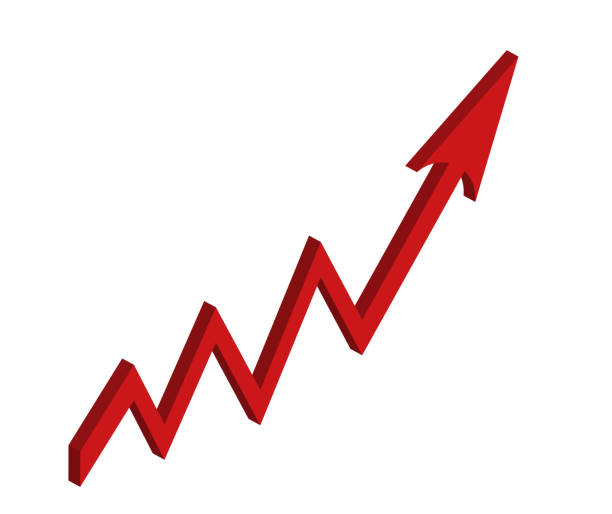 istock Red growing up 3d large arrow sign isolated on white background. Inflation Bar chart. Vector graph. Rising price. Finance and Economy. Market volatility. Recession. Infographics. Big data analytics. 1573873939