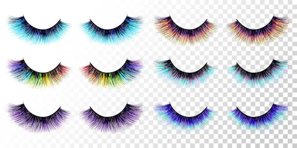 Vector illustration of Lashes set. False eyelashes collection. Trendy colors. Blue. Pink. Purple. Mermaid lashes. Extension. Woman. Female. Beauty. Cosmetic. Make up. Mascara. Beauty products design.