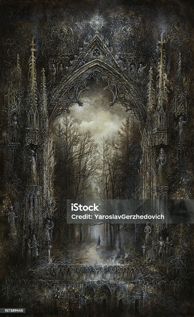 Gothic Fantasy Surreal gothic scene, acrylic on paper. Gothic Style stock illustration