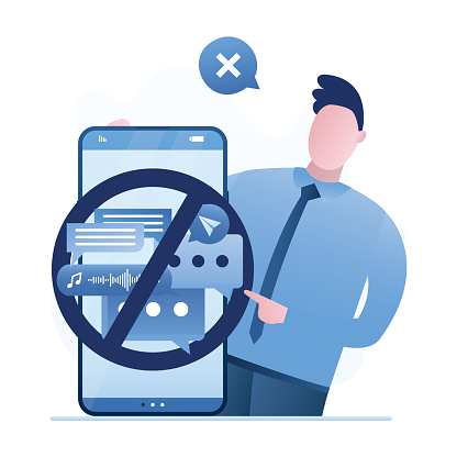 Businessman disabled notifications on smartphone, silence mode, information detox, person without social networks and chats. Privacy, do not disturb, concept. Prohibition circle on screen. Flat vector