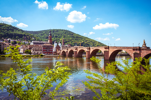 view on the  historic Karl Theodor bridge in Heidelberg with cityscape and town gate in the background
