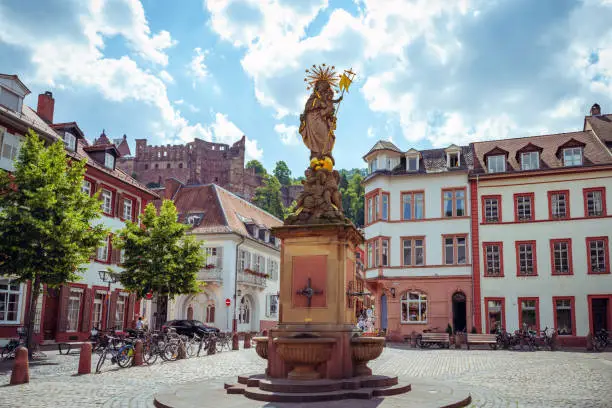 colorful facades at Korn Market square in Heidelberg at sunny summer day with fountain in the middle