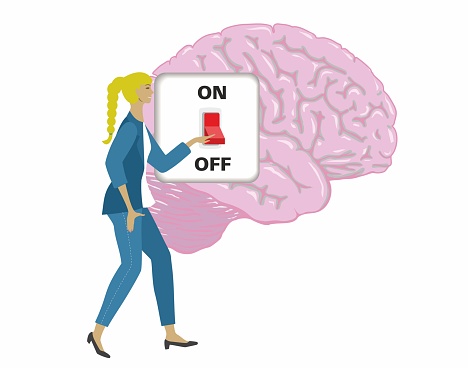 Woman turning off the brain with switch, electric contact. Isolated. Vacation, rest, recovery, psychology, AI-development, use of artificial intelligence.