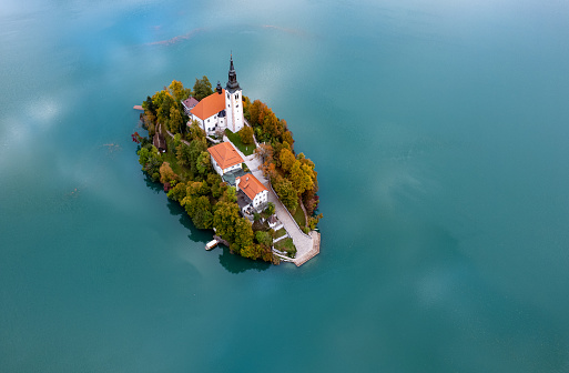Lake Bled in Slovenia, Autumn, drone photo