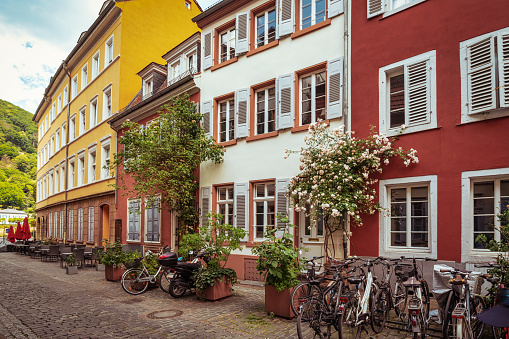 old colorful facades in Heidelberg historic town at sunny summer day