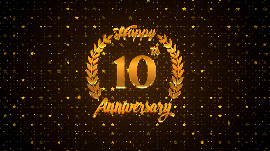 Luxury Golden Shiny Happy 10th Anniversary Logo On Golden Brown Star Shape Particles Sparkle Pattern Background