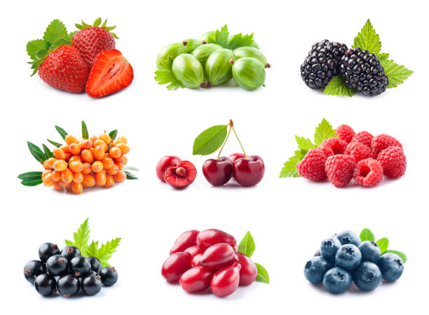 istock Assortment of different berries on a white background. 1573918528