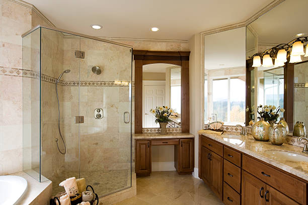 istock Luxury custom designed showcase estate bathroom wood cabinets marble 157393236