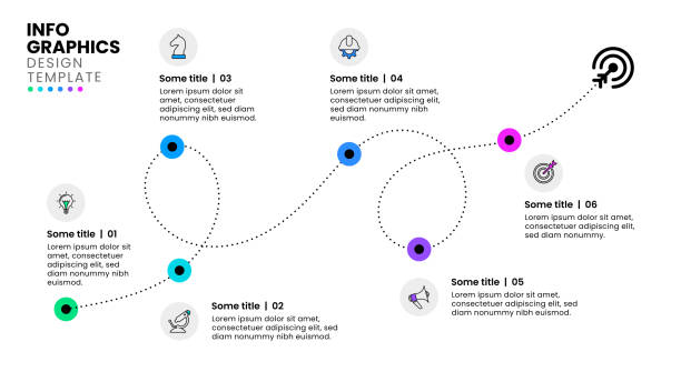 Infographic template. A line with 6 points and a goal at the end Infographic template with icons and 6 options or steps. Timeline. Can be used for workflow layout, diagram, banner, webdesign. Vector illustration timeline 6 points stock illustrations