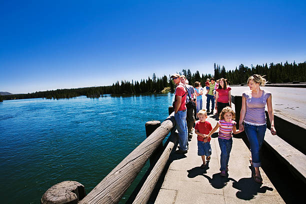 Family Vacation at Fishing Bridge Yellowstone National Park. stock photo