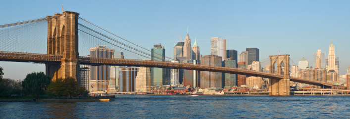 The Brooklyn Bridge, completed in 1883, connects the boroughs of Manhattan and Brooklyn by spanning the East River (1,595.5 feet). It is an icon of New York City, and was designated a National Historic Landmark (1964). Lower Manhattan, in the background, is the southernmost part of the island of Manhattan.