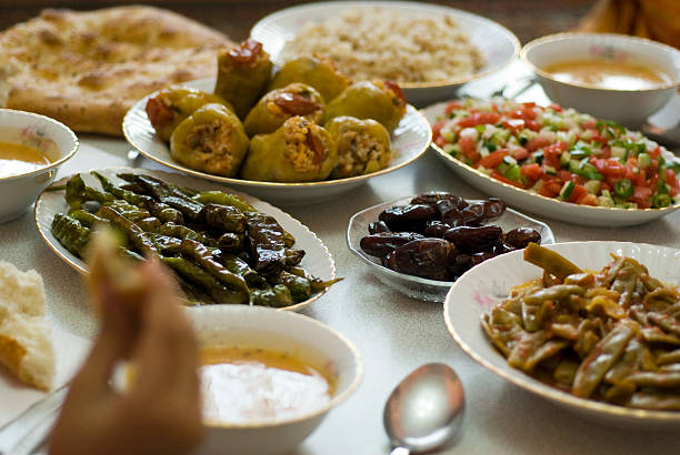 Table set with Ramadan food in Istanbul Turkey stock photo