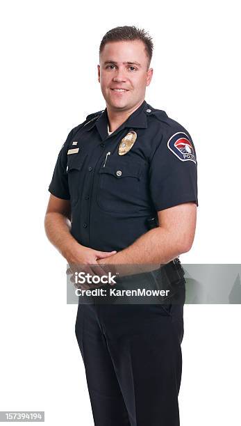 Smiling Police Officer Stock Photo - Download Image Now - Police Force, Portrait, White Background