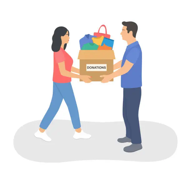 Vector illustration of Young Woman Holding Donation Box Full Of Clothes And Giving It To Man. Clothing Donation, Charity And Support Concept