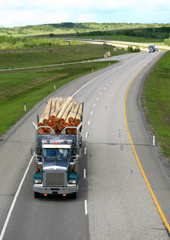 A logging truck on the move. This long distance freight semi-truck, or lorry, is hauling fresh cut timber from a British Columbia, Canada forest. The logging industry as well as the trucking industry work hand in hand to move logs from this province. Additional themes in the vertical image are: freight, industry, highways, hauling, logging, timber, driving, safety, wood, forestry, truck, semi-truck, and British Columbia. 