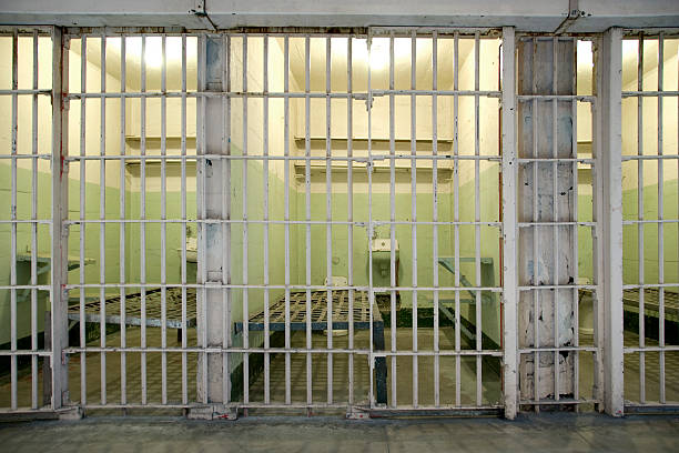 Prison cells with bars Row of small prison cells with bars in front. Inside the cell is a bed and toilet. jail stock pictures, royalty-free photos & images