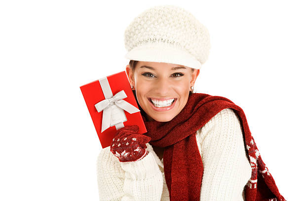 istock Cheerful Young Woman with Christmas Gift Box 157395170