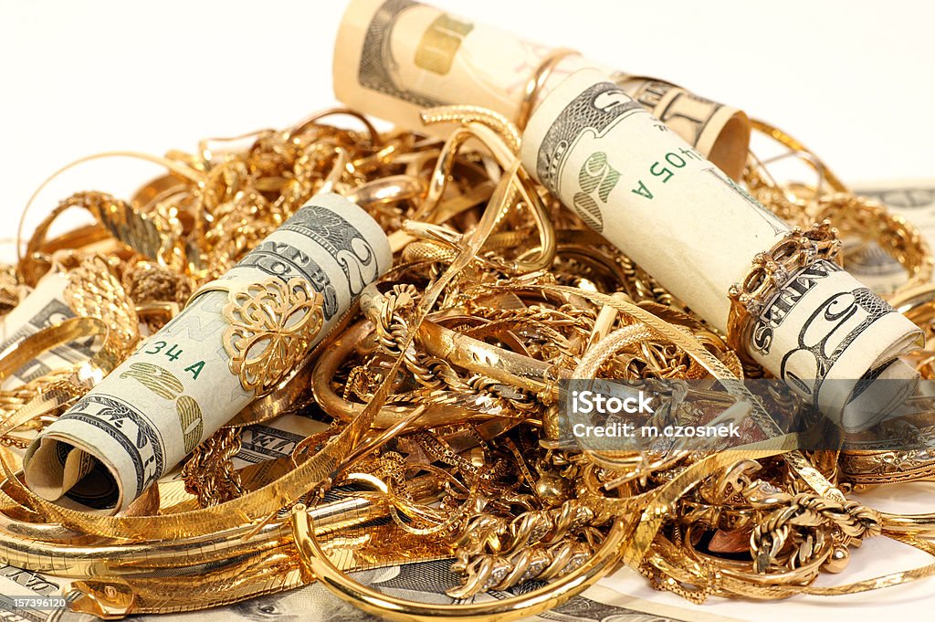Cash paid for your old jewelry close-up of jewelry ready to be sold for cash! Jewelry Stock Photo