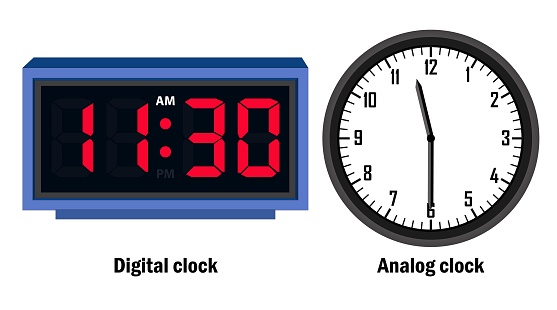 Digital clock and analog clock time 11.30,  vector