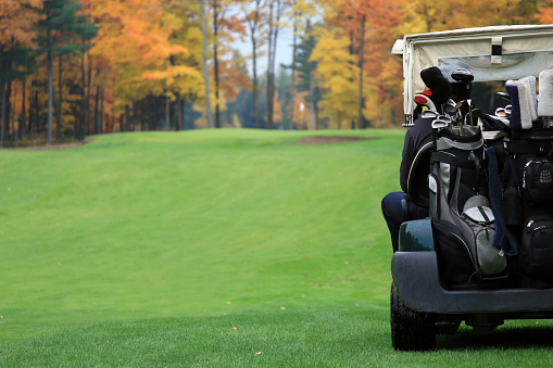 Golf player riding in golf cart towards putting green, autumn colors