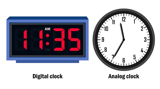 Digital clock and analog clock time 11.35 vector