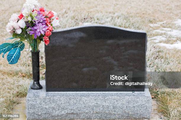 Gravestone In Winter Stock Photo - Download Image Now - Cemetery, Color Image, Flower