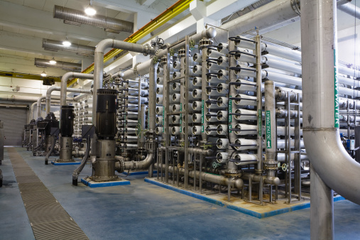 Interior of a reverse osmosis water treatment plant.
