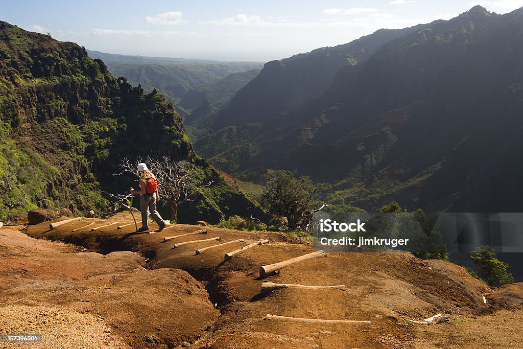 Una donna escursionismo il Waimea Canyon trail, Hawaii. - Foto stock royalty-free di Canyon Waimea