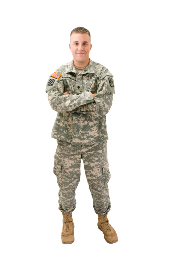 Full length vertical photograph of a US Army military man; copy space 