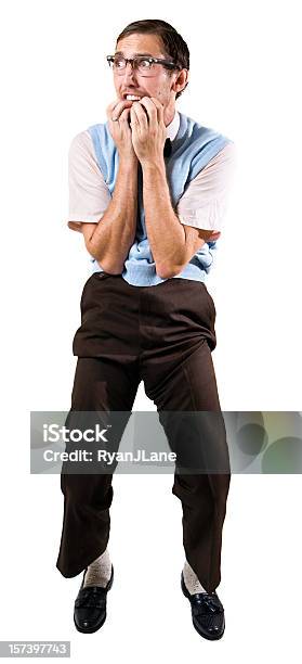 Terrified Nerd Guy Isolated On White Stock Photo - Download Image Now - Full Length, Looking Around, Nerd