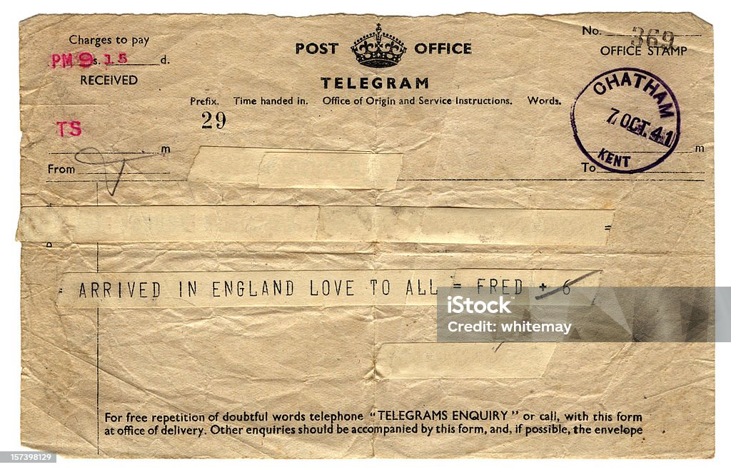 British zniszczeniach telegram - 1941 - Zbiór zdjęć royalty-free (Telegram)