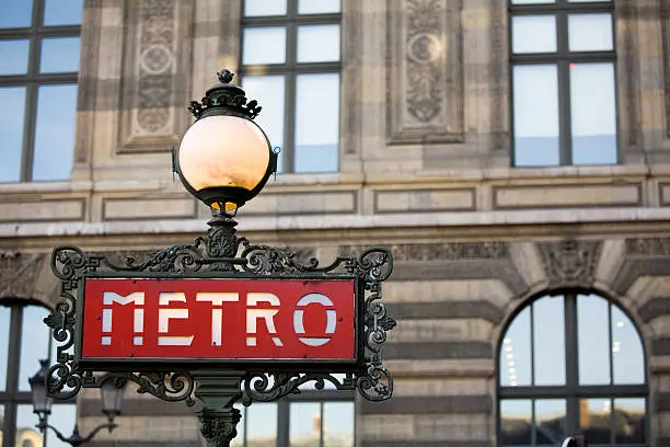 The Paris Metro sign shown against the Louvre museum as background.     Check out my 
