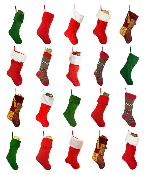 Lots Of Different Isolated Christmas Stockings On White