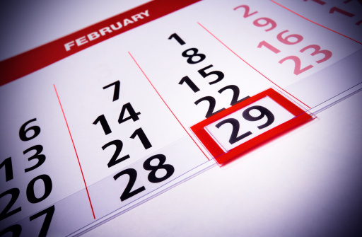 February 29th. Date which repeats on leap year. Calendar (rare days) concept. 