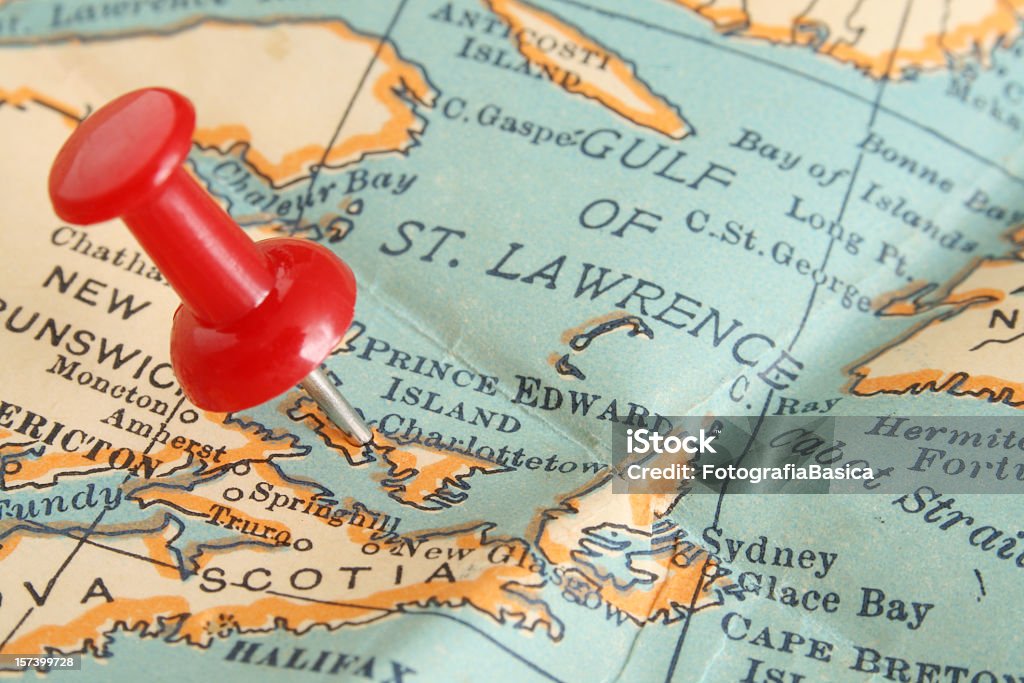 Charlottetown Red pushpin pointing Charlottetown city, capital of the canadian province of Prince Edward Island in more than fifty years old map Prince Edward Island Stock Photo