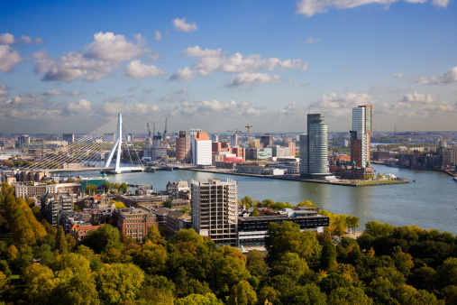 Aerial view of the Rotterdam skyline with clouds